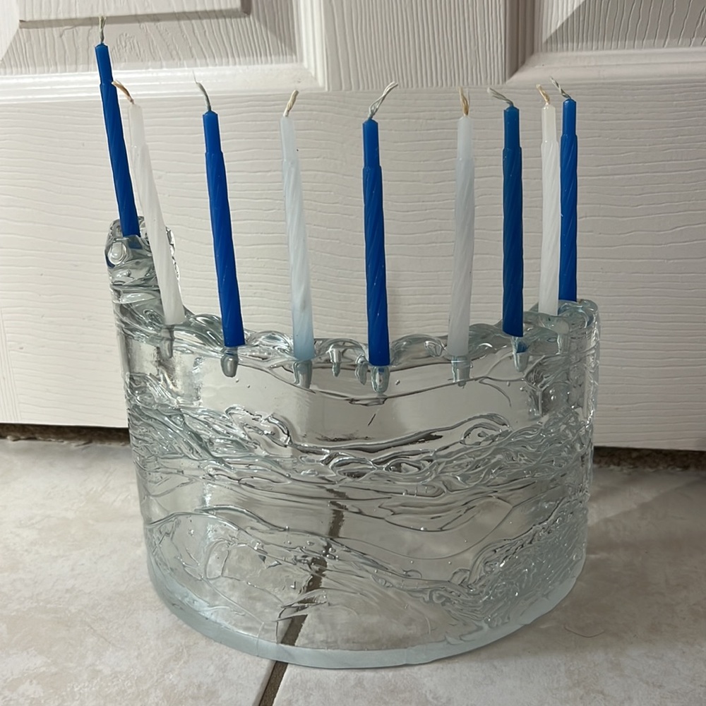 Hand Cast Glass Menorah by Joel & Candace Bless - Curved Shape Displaying Waves - Picture 9 of 11